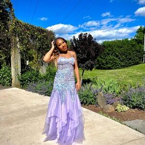 Purple and Silver Embellished Tiered Prom Gown